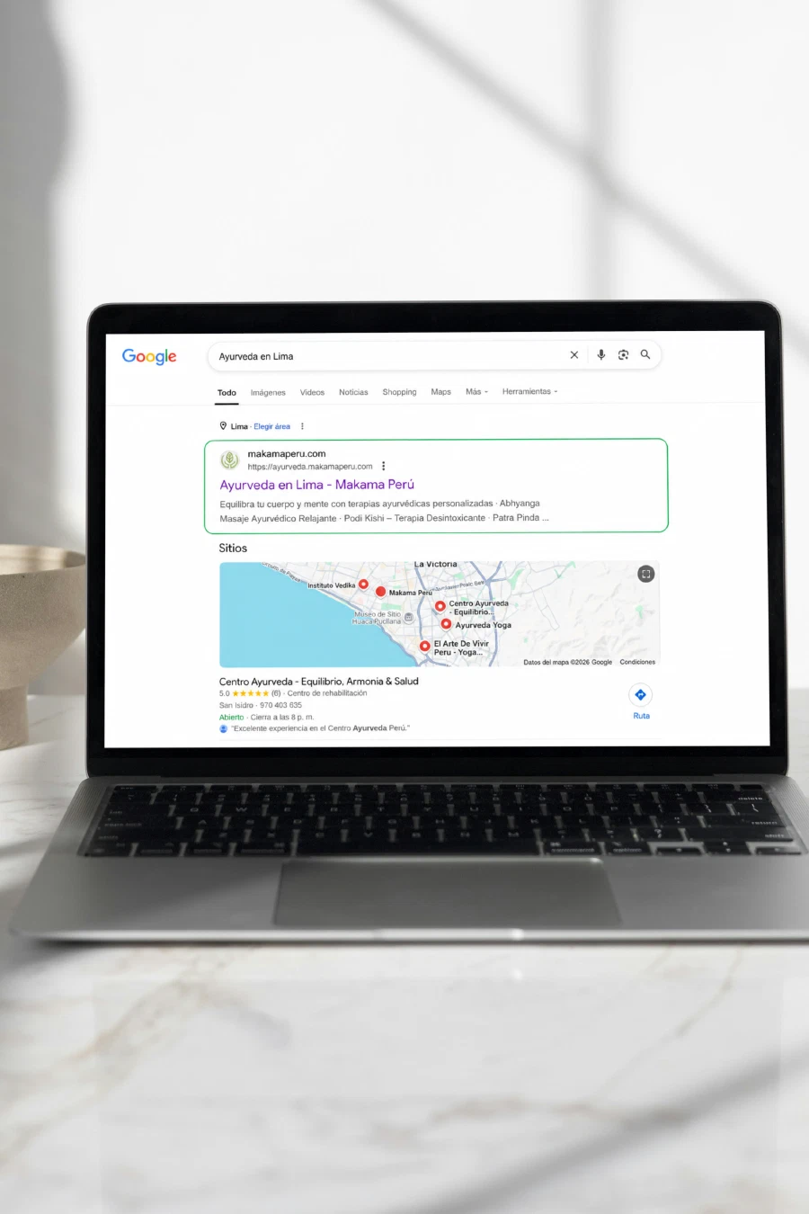 Primeros lugares en Google para búsquedas de ayurveda y bienestar natural